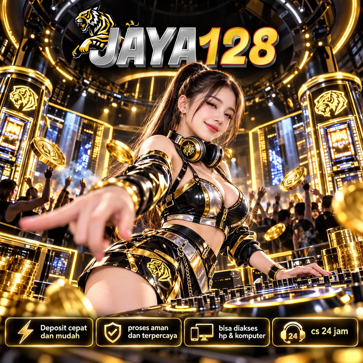 Ilustrasi visual JAYA128 variasi 2, menampilkan tema hitam, perak, dan emas